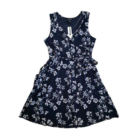 NWT 41 Hawthorn Dress Womens Blue Large Blue Floral Faux Wrap Belted Sleeveless - Picture 2 of 9